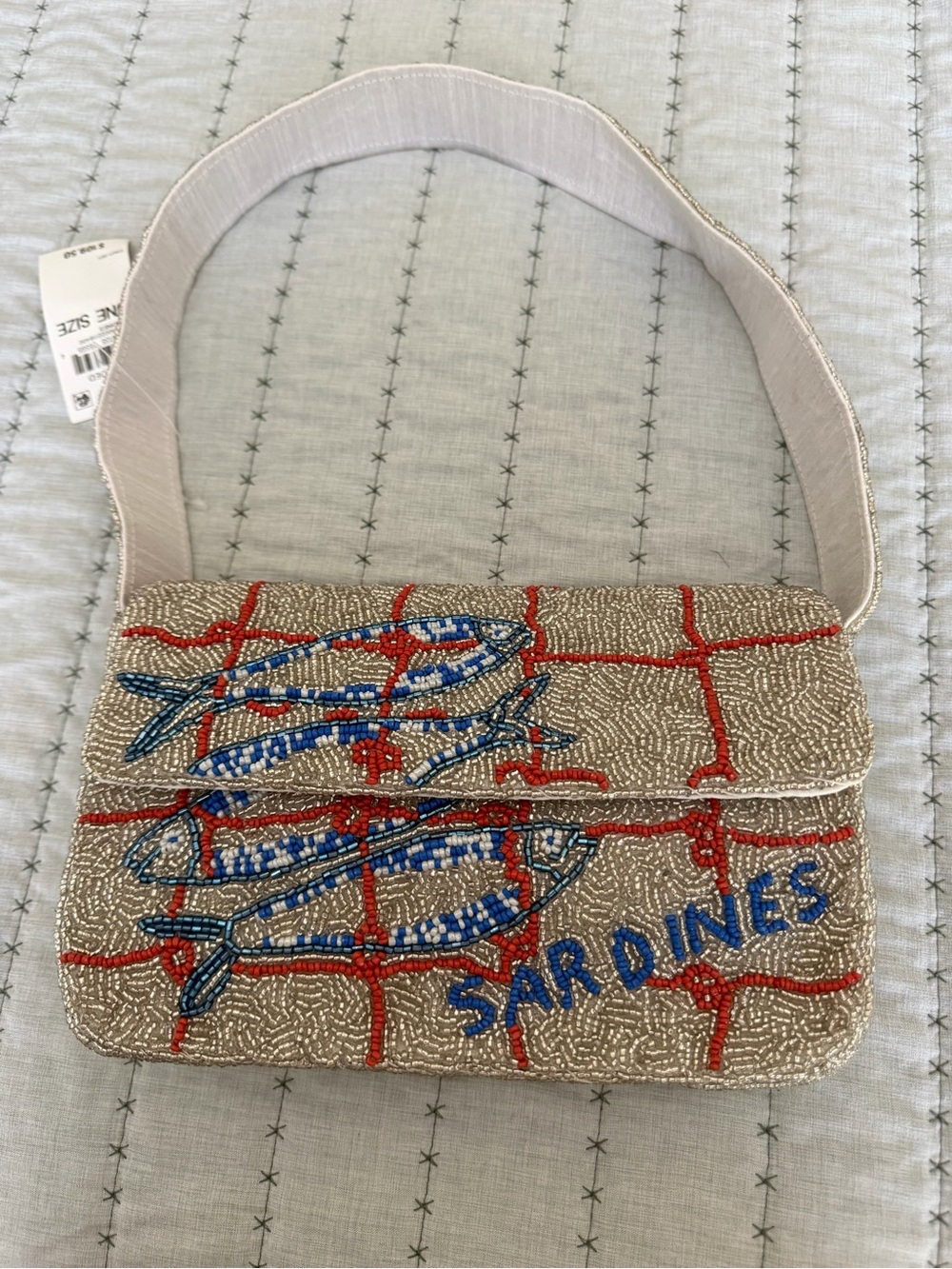 Beaded 'Sardines' Mosaic Shoulder Bag in Cream and Blue
